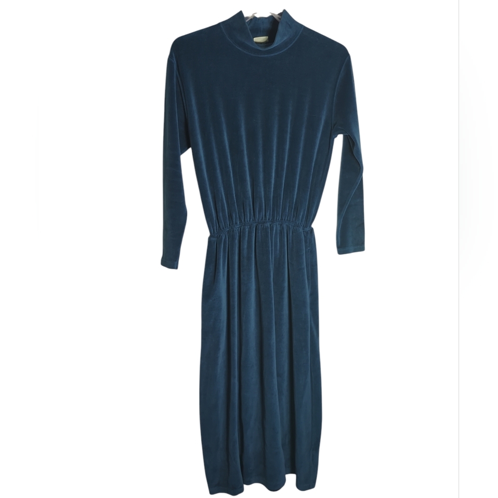 LL Bean Womens Maxi Dress Mockneck Blue Velvet Whimsigoth Blouson Plus Size 16